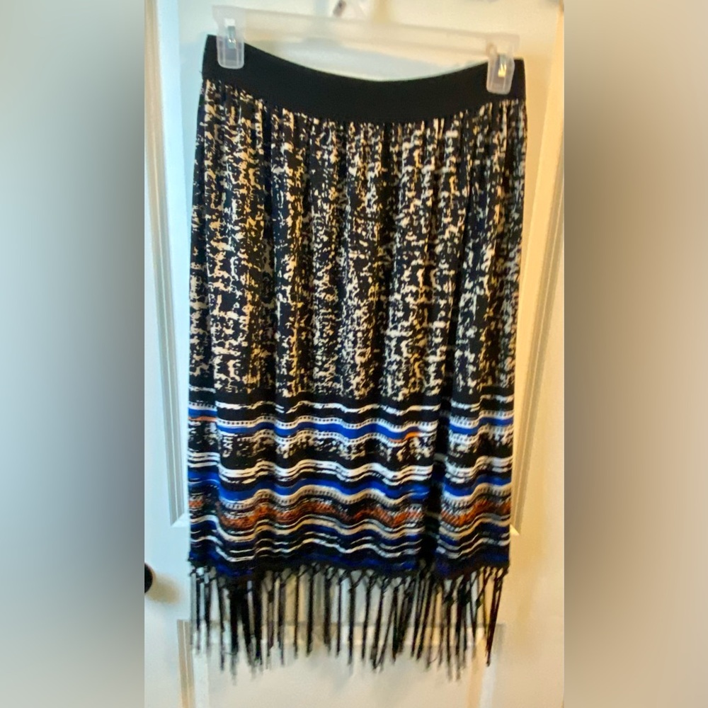 Elegant Black and Blue Fringe Midi Skirt